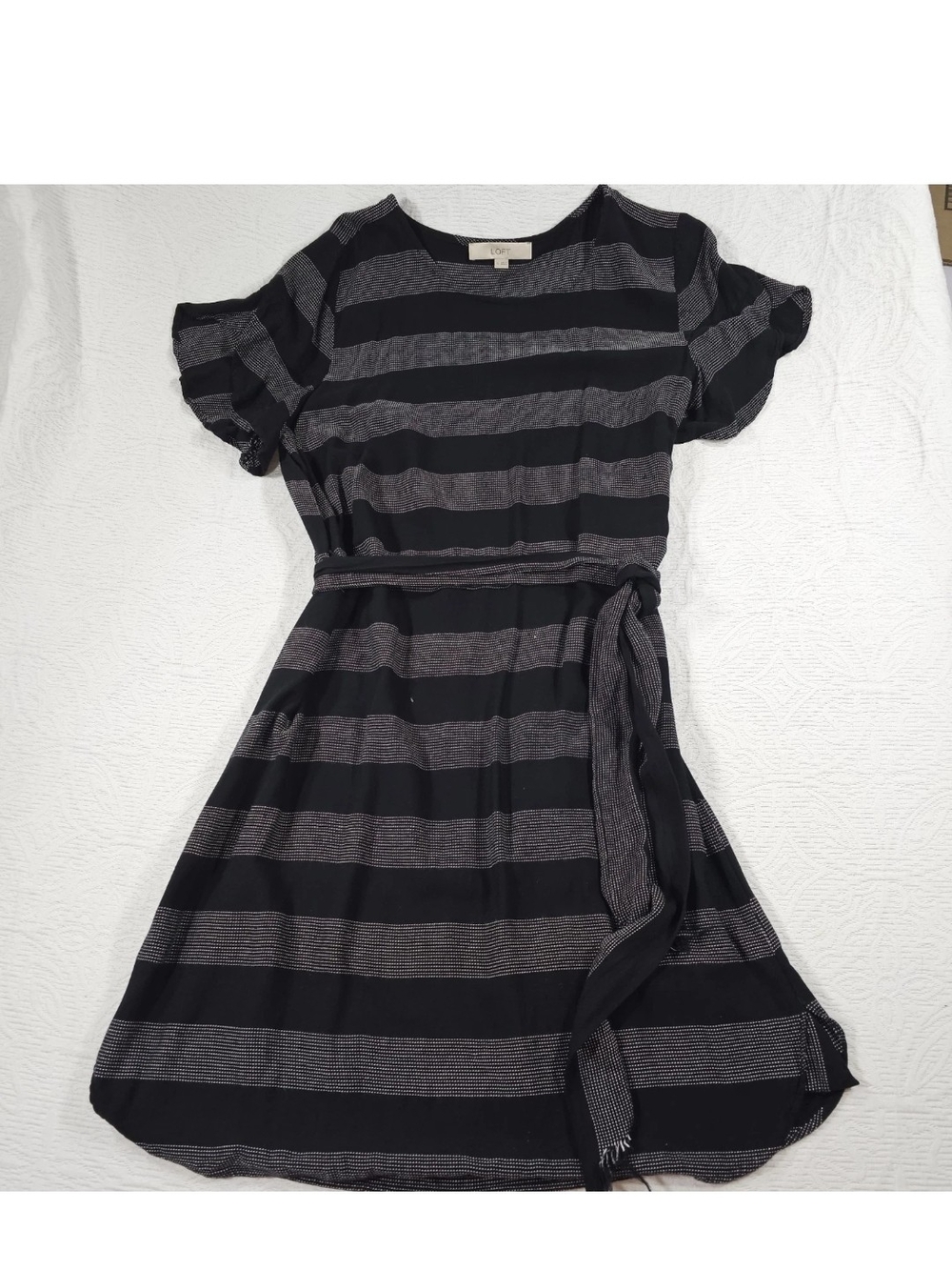 Loft Dress Womens Knit Black White Dot Wide Stripe Shift Flutter Sleeves XL